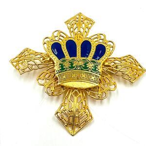 Maltese Cross Heraldic Crown Brooch Gold Tone Purple Green Royalty Medieval